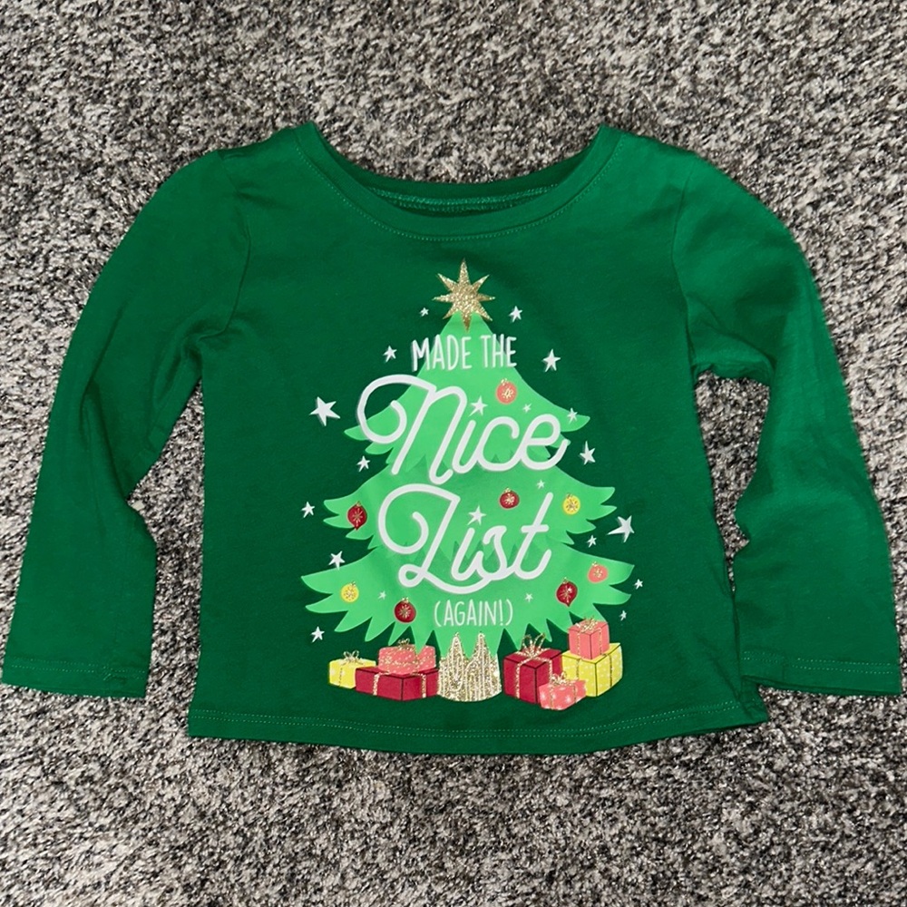Vibrant Green Long Sleeve Tee with Christmas Tree Design